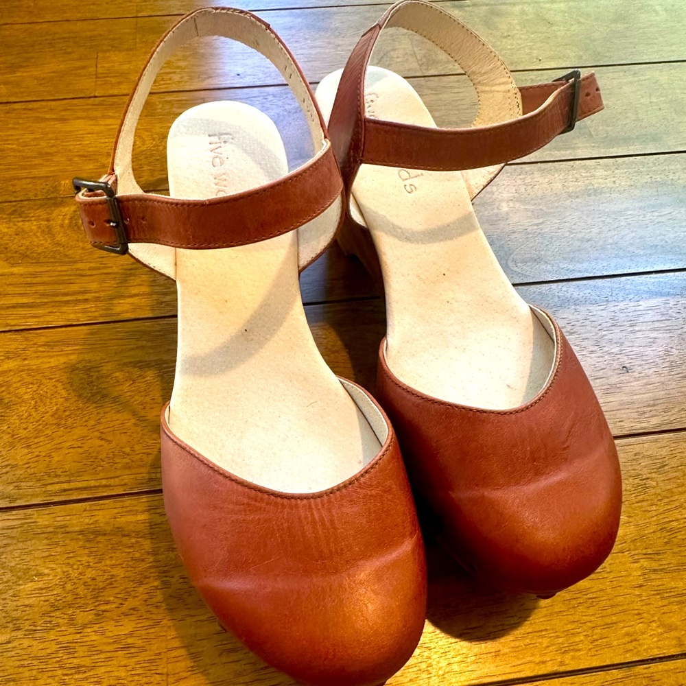 Five Worlds Brown Leather and wooden clogs Size 11